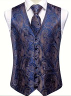 M L Krawat i Elegancka Męska Kamizelka niebieska złoty brąz