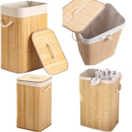 KOSZ NA PRANIE BAMBUSOWY SKLADANY WOLNOSTOJACY DUZY BEZOWY UCHWYTY POKRYWA