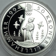 NORWEGIA 1991 r 50 KORON Ag Olimpiada LILLEHAMMER 1994 SANKI