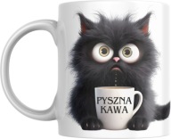 Kubek z kotem, zaskoczony, pyszna kawa