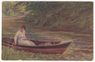 Kobieta w łodzi zbiera Nenufary ok.1910r. Oleodruk