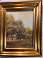 obraz olejny na płótnie - pejzaż wiejski z chatą.