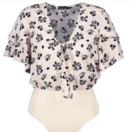 Boohoo floral tie front body XS 34 kwiaty krótkie rękawy trend
