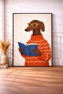 Plakat na ścianę A3 pies z książką – zabawna ilustracja | bez ramki