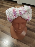 Ciepła opaska na zimę biało - różowa