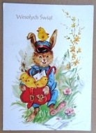 POCZTÓWKA - WIELKANOC - ZAJĄC JAKO LISTONOSZ - urocza, zabawna grafika