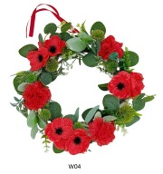 WIANEK NA DRZWI STROIK KWIATY MAKI CZERWONE EUKALIPTUS KWIATY LATO 30CM W04