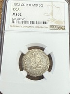 Zygmunt III Waza, Trojak Ryga GE 1592 NGC MS 62 PIĘKNY