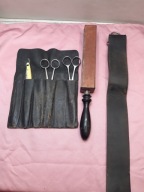 narzędzia fryzjera pas RUSS nożyczki SOLINGEN degażówki AESKULAP brzytwa