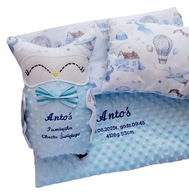 ZESTAW Kocyk 50x75cm+podusia+SOWA imię METRYCZKA narodziny PREZENT chrzest