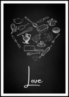 A2 PLAKAT DO KUCHNI JADALNI RESTAURACJI CZARNO BIAŁY LOVE PRZYBORY KUCHENNE