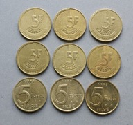 BELGIA 5 FRANKÓW 1986-1998 BELGIQUE-BELGIE ZESTAW 9 SZT.