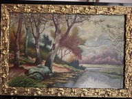 Obraz antyk malarstwo olej na płótnie z rana złoconą ozdobną lata 50 te