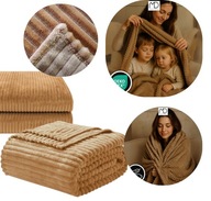 KOC BRĄZOWY WYTŁACZANY PASKI 200X220 CM PLED NARZUTA NA ŁÓŻKO FOTEL CIEPŁY