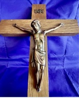 Zabytkowy dębowy Krzyżyk Chrystus z brązu antyk super stan 100 letni