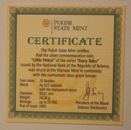 CERTYFIKAT DO MONETY - 20 RUBLI 2005 BIAŁORUŚ FAIRY TALES - MAŁY KSIĄŻE