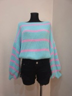 Sweterek paski mięta róż rozkloszowany rękaw dzwonek uni