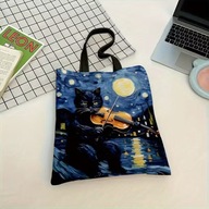 TORBA zakupowa kot księżyc szkolna wycieczkaRETRO CZARNO-BIAŁA TUBA MODA