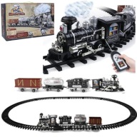 KOLEJKA PAROWA ELEKTRYCZNA LOKOMOTYWA POCIĄG 4 WAGONY EFEKT DYMU 5 METRÓW