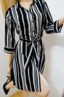 amisu czarno-biała tunika w paski z paskiem z rozcięciami po bokach S