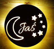 Lampka nocna LED, drewniana, imienna, księżyc, 7 kolorów, 6 frontów