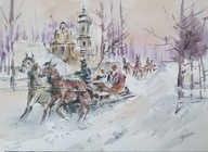 Akwarela Obraz Pejzaż zimowy