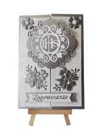 ZAPROSZENIA KOMUNIA UNIWERSALNE IHS W KWIATACH B6 SREBRO