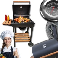 GRILL WĘGLOWY OGRODOWY ŻELIWNY DUŻY RUSZT Z POKRYWĄ TERMOMETR POPIELNIK