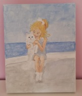 Obraz ręcznie malowany dziewczynka z kotem nad morzem 20x25 cm