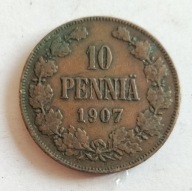 moneta Finlandia pod okupacją 10 pennia 1907 car Mikołaj II orzeł