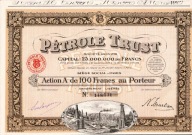 Francja–akcja 100 FR Pétrole Trust 1924, z kuponami, grafika pola naftowego