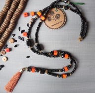 ETNO naszyjnik pomarańczowy howlit czarna lawa chwost szkło hematyty drewno