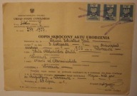 ODPIS SKRÓCONY AKTU URODZENIA - ur. 3 listopada 1906, WARSZAWA 23.07.1951