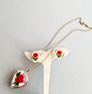 VINTAGE ŁAŃCUSZEK I KOLCZYKI WKRĘCANE SERCE Z RÓŻĄ