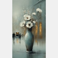 Kwiaty w wazonie donicy, stare miasto obraz olejny wydruk na płótnie 55x100