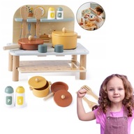 Mini KUCHNIA DREWNIANA dla Dzieci EDUKACYJNA GARNEK PATELNIA z AKCESORIAMI
