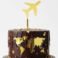 TOPPER na tort SAMOLOT URODZINY MAPA ŚWIATA lustro złote