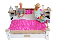 Duże łóżko drewniane z pościelą i szafki mebelki na prezent na święta WZORY