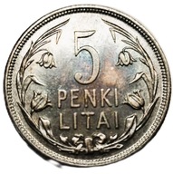 Litewska moneta o nominale 5 litów (Penki Litai) z 1925 roku.