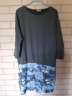 Sukienka dzianinowa szara + niebieskie kwiaty 42 L