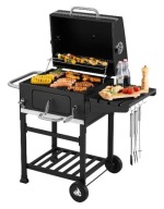 XXL Grill Węglowy z Pokrywą, Popielnikiem i Termometrem – Podwójny Ruszt