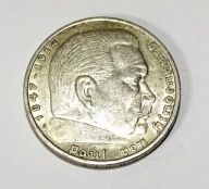 Srebrna moneta 5 marek III Rzesza Hindenburg Mennica A 1936 oryginał