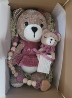 Zestaw Miś + grzechotka + zawieszka Handmade prezent na chrzest Baby Shower