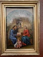 Antyczny obraz religijny , Swięta Rodzina, olej na blasze ,złota rama