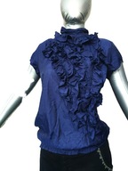 Elegancka granatowa bluzka z falbanami, stójka, satyna r. 40