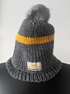 Czapka damska szara gruba warstwowa pompon logowana One Size