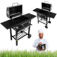 GRILL OGRODOWY WĘGLOWY DUŻY Z POKRYWĄ 2 RUSZTY 2 STOLIKI BOCZNE + TERMOMETR