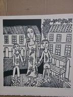Z dziećmi. 30 × 30 cm. 2025 r. (linoryt)