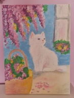 Obraz ręcznie malowany biały kot wśród kwiatów 30x40 cm dekoracja wnętrza