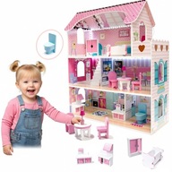 DOMEK dla lalek RÓŻOWY DREWNIANY +mebelki +oświetlenie LED DUŻY prześliczny